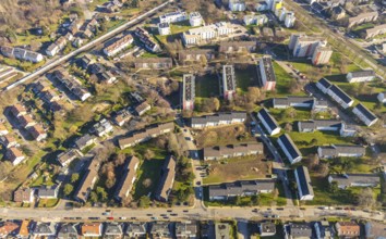 Aerial view, residential area and construction area Lohackerstrasse, Westenfeld, Bochum, Ruhr area,
