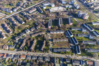 Aerial view, residential area and construction area Lohackerstrasse, Westenfeld, Bochum, Ruhr area,