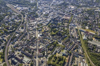 Aerial view, overview Bochum city centre from north to south with central station, mining museum,