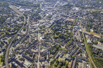 Aerial view, overview Bochum city centre from north to south with central station, mining museum,
