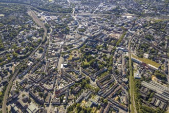Aerial view, overview Bochum city centre from north to south with central station, mining museum,