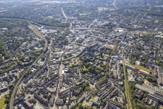 Aerial view, overview Bochum city centre from north to south with central station, mining museum,