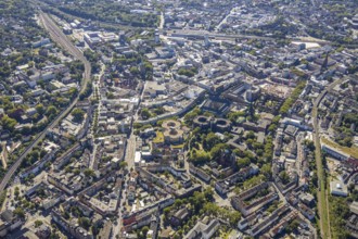 Aerial view, overview Bochum city centre from north to south with central station, mining museum,