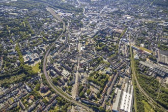Aerial view, overview Bochum city centre from north to south with central station, mining museum,