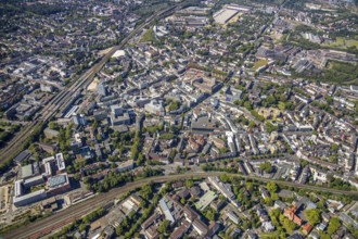 Aerial view, overview Bochum city centre from east to west with central station, Grumme, Bochum,