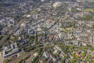 Aerial view, overview Bochum city centre from east to west with central station, Grumme, Bochum,