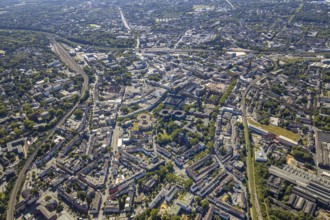 Aerial view, overview Bochum city centre from north to south with central station, mining museum,