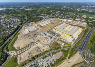 Aerial view, new construction DHL logistics parcel centre, former Opel site, former Opel