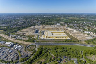 Aerial view, new construction DHL logistics parcel centre, former Opel site, former Opel
