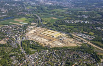 Aerial view, new construction DHL logistics parcel centre, former Opel site, former Opel