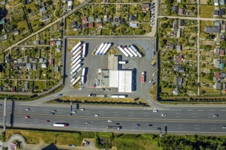 Aerial view, Shell petrol station, Vietingstraße, truck parking, motorway A40, allotment garden