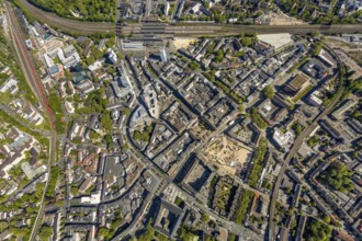 Aerial view, city centre view, Bochum main station, construction site and new construction for