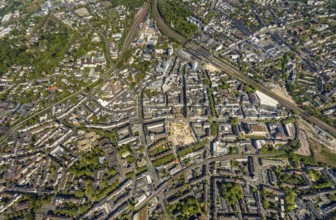 Aerial view, city centre view, Bochum main station, construction site and new construction for