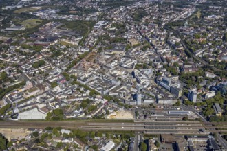 Aerial view, overview Bochum city centre from south to north with central station, south inner