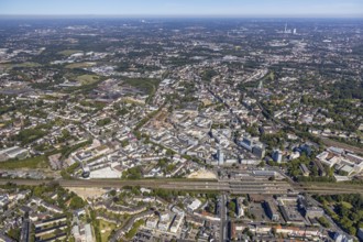 Aerial view, overview Bochum city centre from south to north with central station, south inner