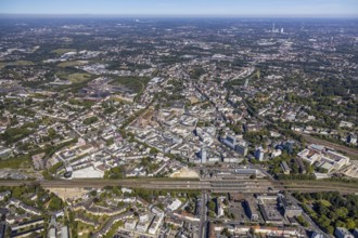 Aerial view, overview Bochum city centre from south to north with central station, south inner