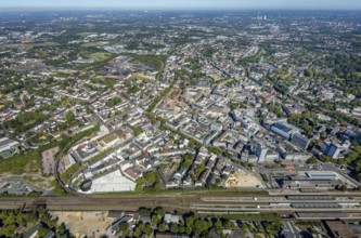 Aerial view, overview Bochum city centre from south to north with central station, south inner