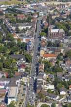 Aerial view, course of Herner Straße northwards with St. Franziskus Church, Grumme, Bochum, Ruhr