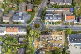 Aerial view, construction site new building Hansastraße 84 at roundabout, Wattenscheid, Bochum,