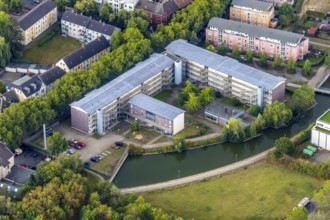 Aerial view, retirement home Weststraße, housing estate at the pond Weststraße, Leithe, Bochum,