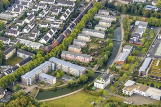 Aerial view, retirement home Weststraße, housing estate at the pond Weststraße, Leithe, Bochum,