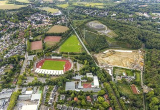 Aerial view, Lohrheide stadium, Rheinelbe slag heap, Wattenscheider Bach rainwater retention basin