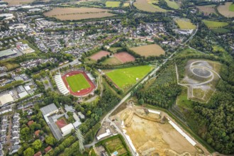 Aerial view, Lohrheide stadium, Rheinelbe slag heap, Wattenscheider Bach rainwater retention basin