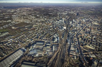 Aerial view, city overview Bochum from west with Gleisdreieck, Kortumstraße, Bermuda triangle,