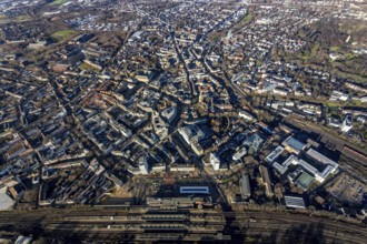 Aerial view, overview of Bochum with main station and station forecourt, Brche car park P1,