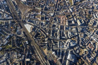Aerial view, vertical shot city centre with Kortumstraße and new justice centre, Gleisdreieck,