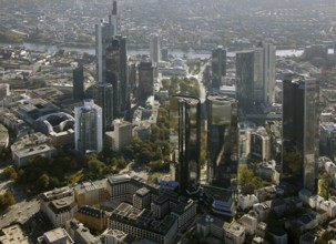 Frankfurt, skyline, skyscrapers, Deutsche Bank, DEU Germany Germany, Europe, aerial view,