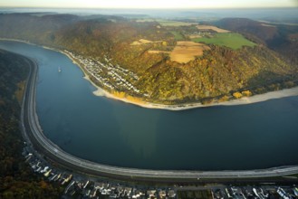 View from Boppard over the Rhine to Kestert, Rhine valley, Rhine arch, autumn leaves, low water,