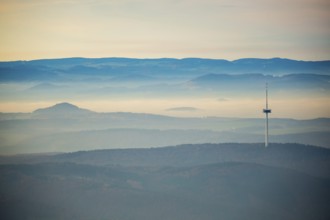 View from the Rhine valley to the heights of the Hunsrück with television tower of Koblenz,