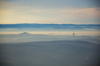 View from the Rhine valley to the heights of the Hunsrück with television tower of Koblenz,