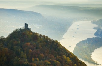 Drachenfels castle ruins against the backdrop of the Rhine, Rhine valley, Rhine, colourful autumn