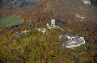 Castle ruins Drachenfels with plateau and glass cube, Bad Honnef, Siebengebierge between