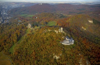 Drachenfels castle ruins with plateau and glass cube, Drachenburg castle in the background, Bad