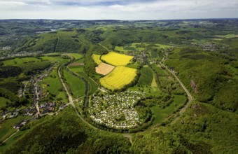 Rurschleife with camping site, agricultural fields and rape fields near Heimbach, Heimbach, Eifel,