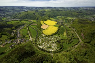 Rurschleife with camping site, agricultural fields and rape fields near Heimbach, Heimbach, Eifel,