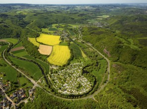 Rurschleife with camping site, agricultural fields and rape fields near Heimbach, Heimbach, Eifel,