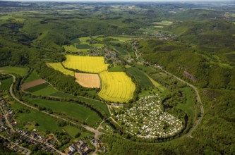 Rurschleife with camping site, agricultural fields and rape fields near Heimbach, Heimbach, Eifel,