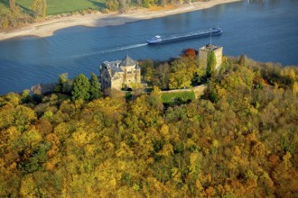 Rheineck Castle in the Rhine Valley, Rhine, autumn leaves, ship, freighter, inland navigation, gas