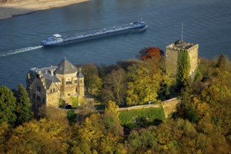 Rheineck Castle in the Rhine Valley, Rhine, autumn leaves, ship, freighter, inland navigation, gas
