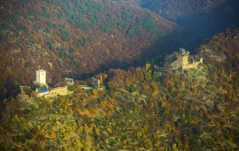 Sterrenberg Castle and Liebenstein Castle on the right, Rhine Valley, autumn foliage, right bank of