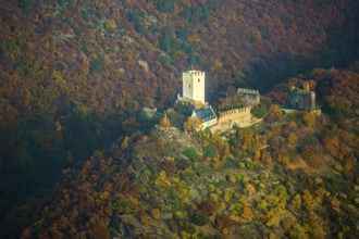 Sterrenberg Castle, Bad Salzig, Taunus, Rhine Valley, Rhineland-Palatinate, Germany, Europe, aerial