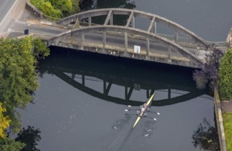 Aerial view, kayaker under the bridge at the Hohenstein hydroelectric power station in Witten, Ruhr