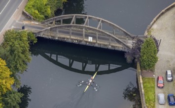 Aerial view, kayaker under the bridge at the Hohenstein hydroelectric power station in Witten, Ruhr