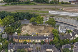 Aerial view, construction site for new hotel building on Bergerstraße at the main railway station