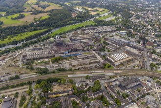 Aerial view, stainless steel plant Witten, main station Witten and construction site for new hotel