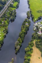 Aerial view, river Ruhr with the camping site Steger and the Ruhrinsel in the district Bommern in